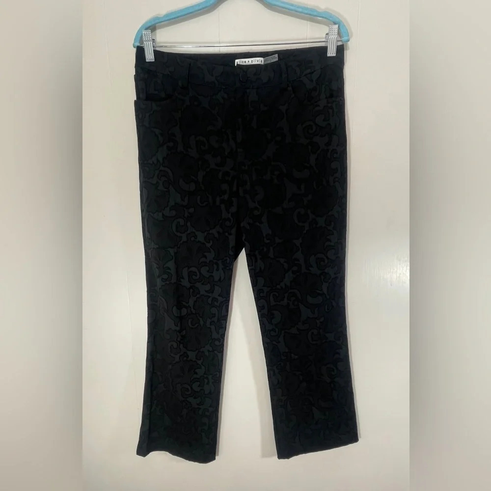 Alice + Olivia Black Textured Scroll Print Jacquard Dress Trousers Pants Size 10